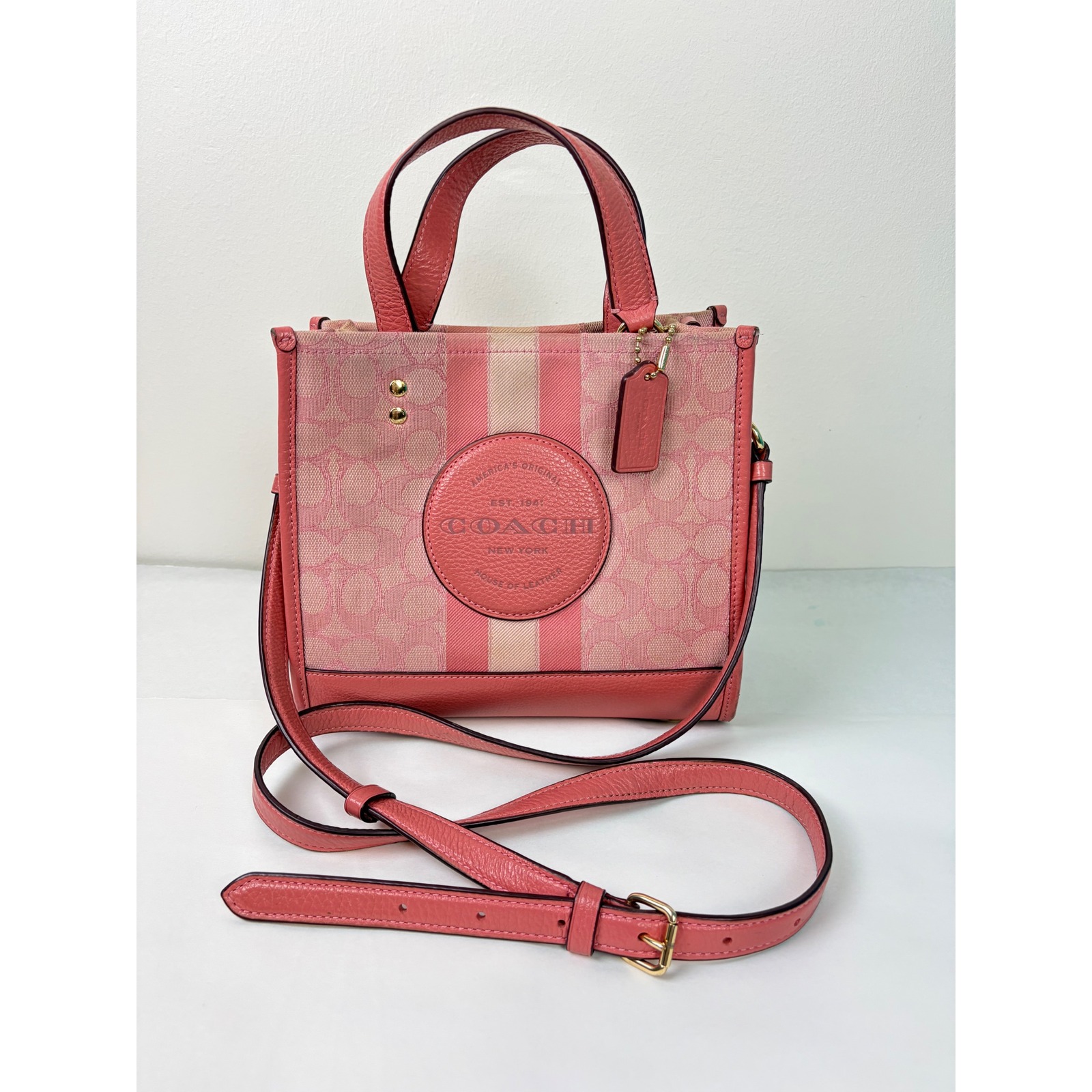 Coach Dempsey Tote 22 Small Pink Signature Jacquard Crossbody Bag C8417 Varsity